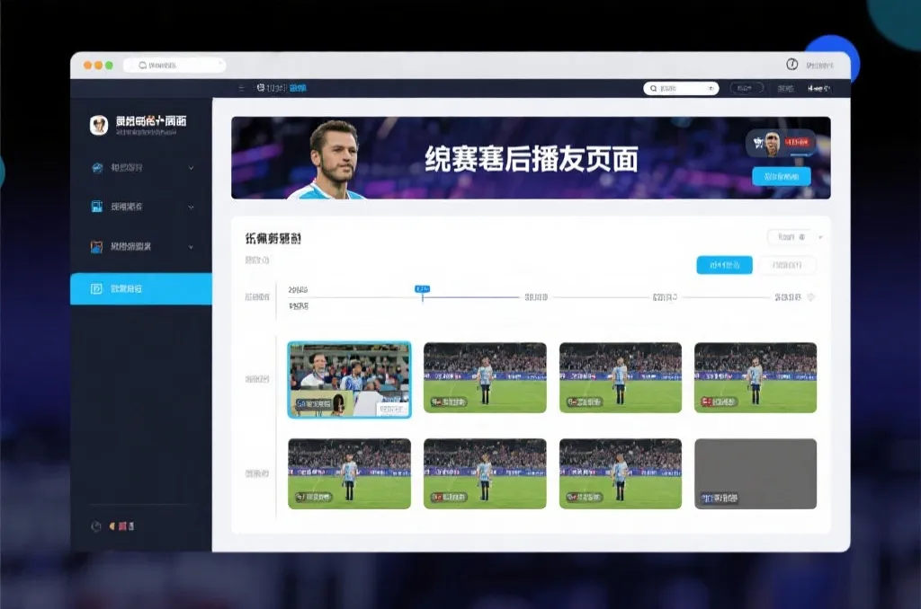 比赛结束后，电视屏幕展示集锦回放页面，旁边有时间轴和多角度切换提示